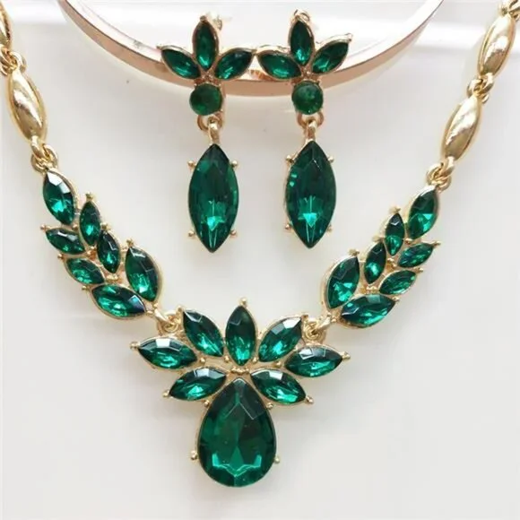 Emerald Green Necklace Earrings Set Statement Rhinestone Bridal Prom Jewelry - Picture 2 of 2